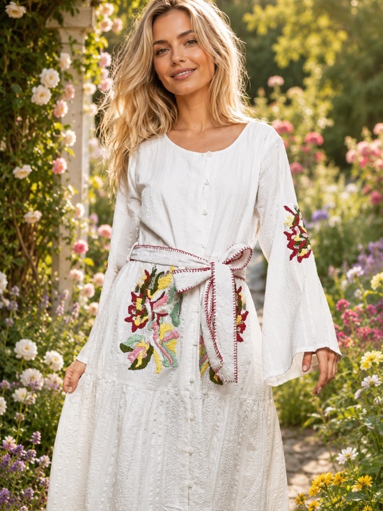 POL Dresses & Skirts - POL L White Button-Up Dress with Colorful Floral Embroidery
